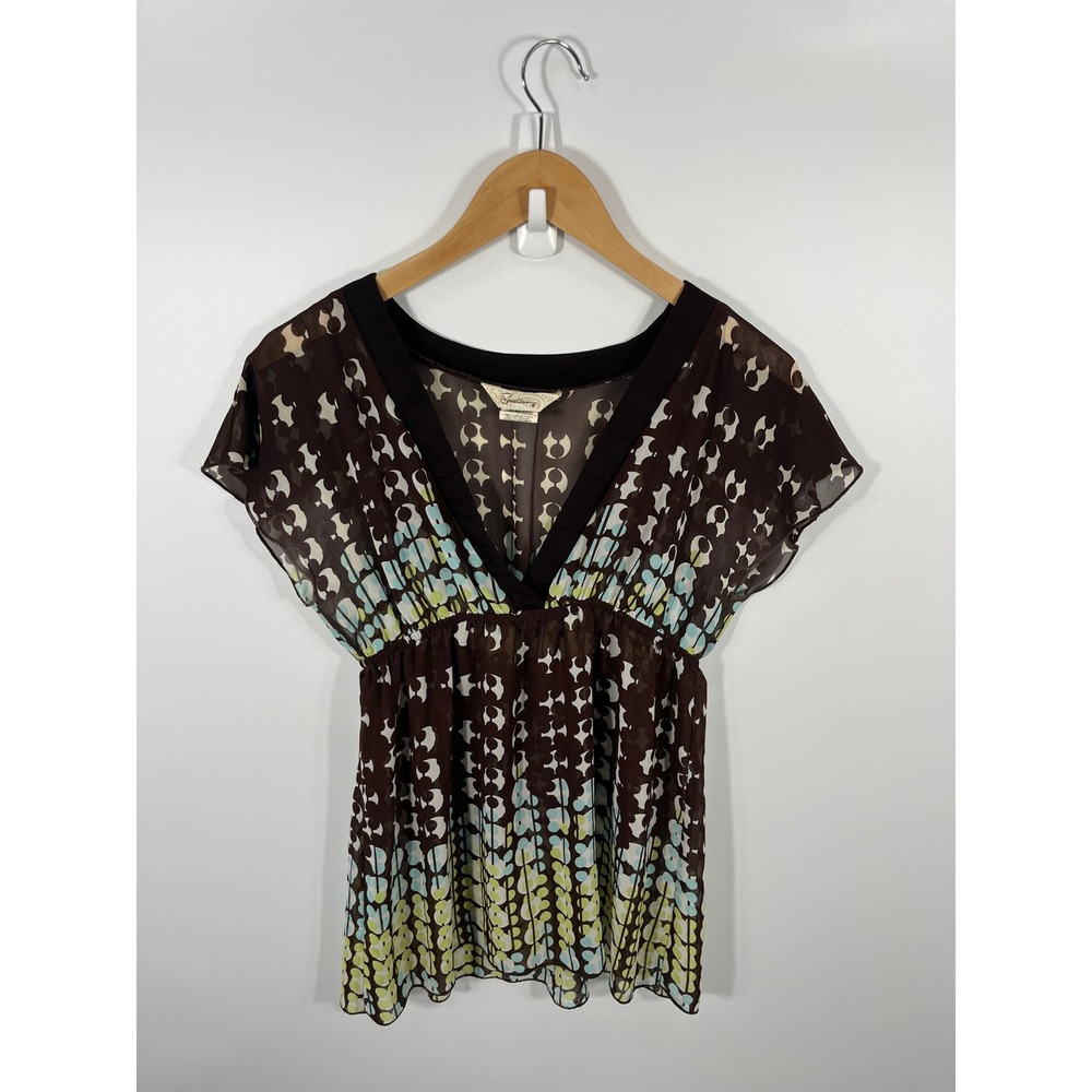 VTG Y2K Speechless Babydoll Blouse Womens M Brown Geometric V-Neck Empire Waist